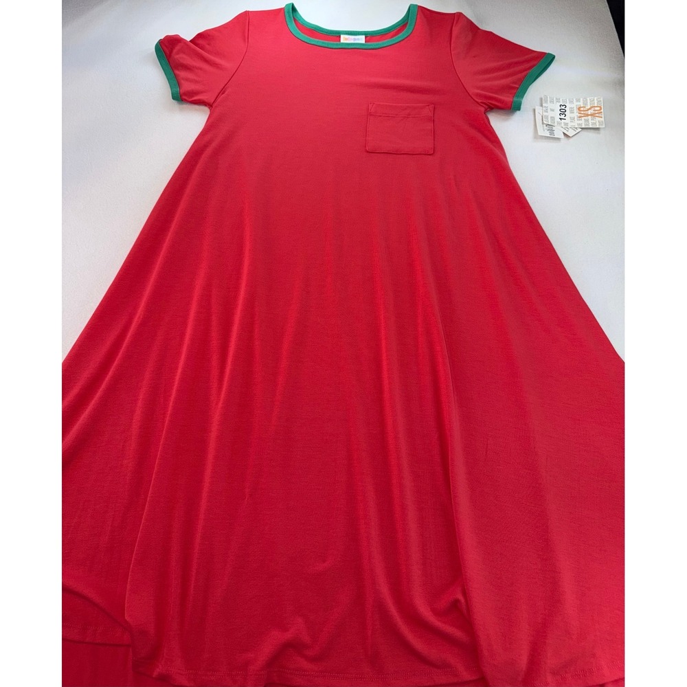 LuLaRoe Carly Dress Short Sleeve Pocket High Low coral Green XS 4360